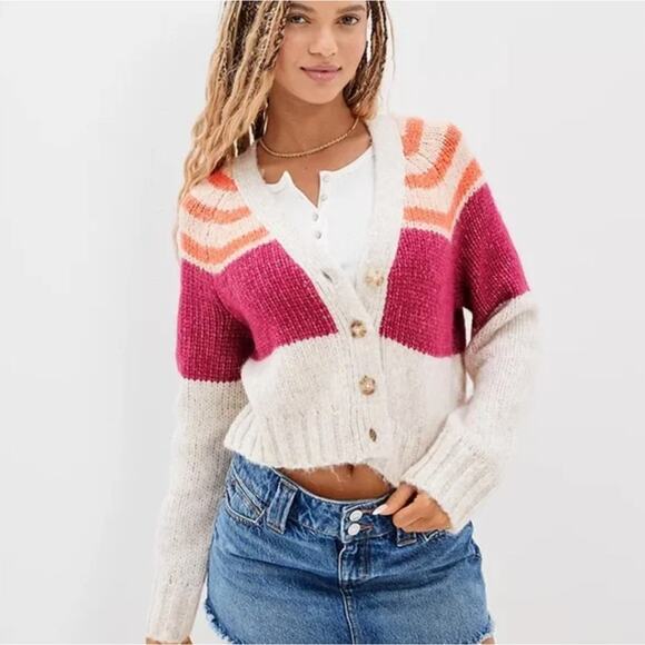 American Eagle Outfitters Stripe Cropped Button Up Knit Cardigan Size Small - Picture 1 of 11